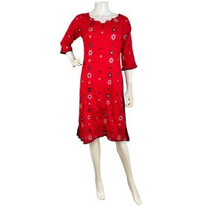 Vintage Kurta Dress 1980s Red Silver Black Embroidered Cotton Layer Size Small